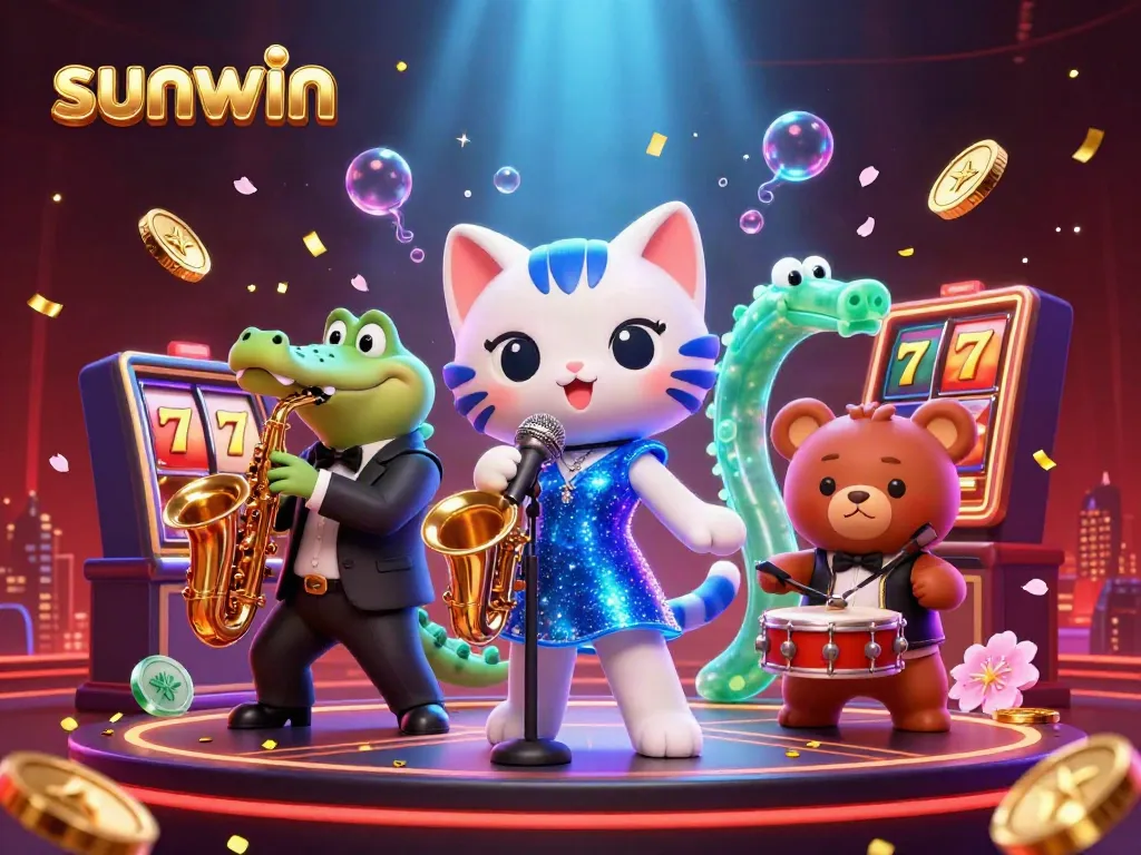Experience thrilling wins with Sunwin's vibrant 3D casino scene featuring animated characters and captivating game elements.