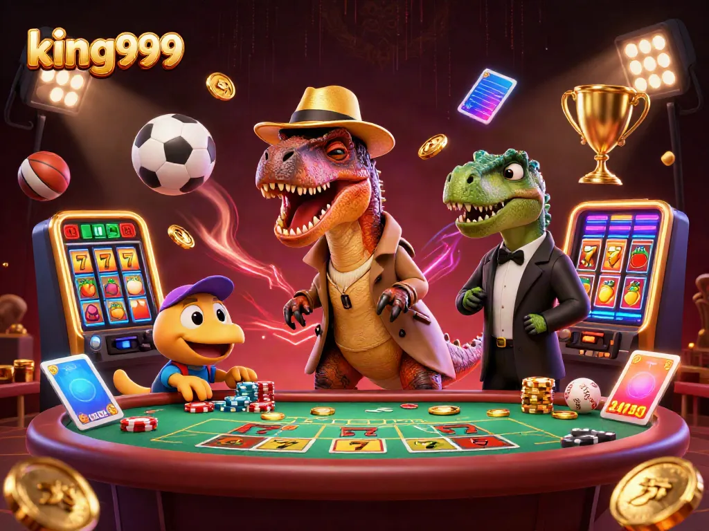Gambaran king999 dengan velociraptor dan stegosaurus di meja blackjack yang penuh dengan elemen judi.