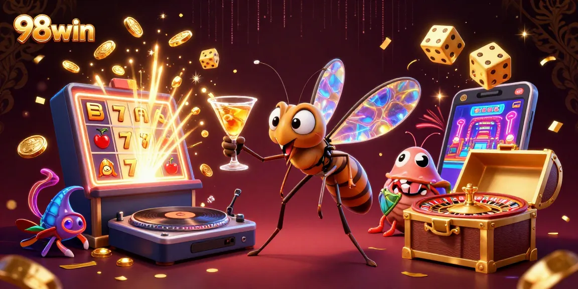 Experience exhilarating wins with 98win at a vibrant 3D casino illustration featuring colorful gaming elements.