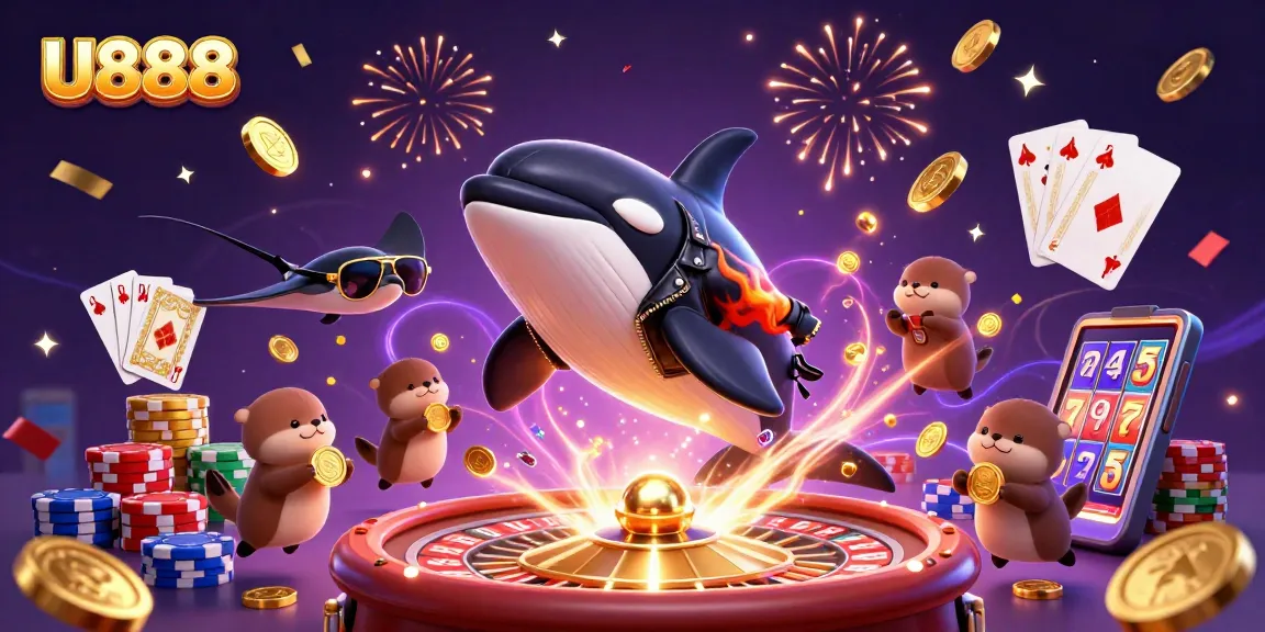 U888 casino scene showing a joyful orca, stingray, and otters celebrating with golden coins and casino elements.