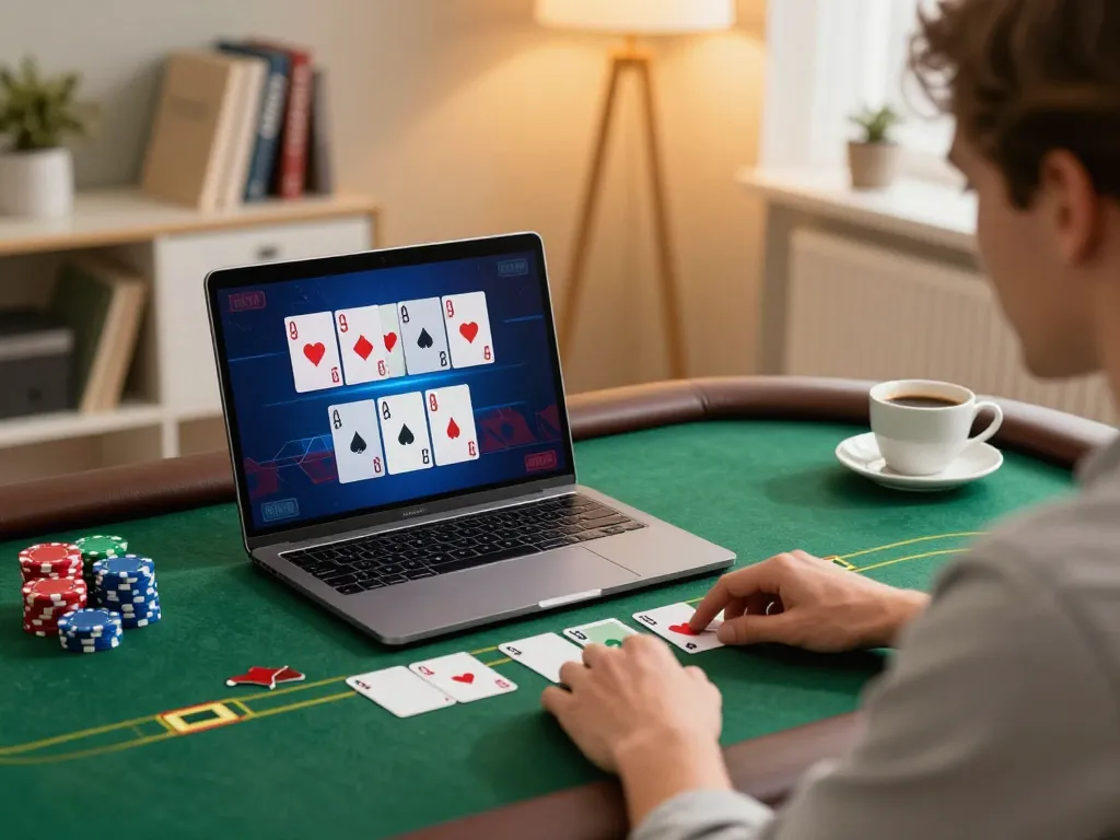 Playing poker online with TG88 in a cozy home office environment, focusing on strategic gameplay.