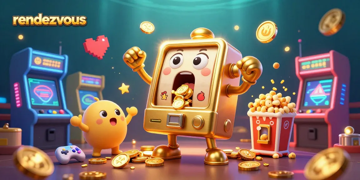 Mesin slot Rendezvous yang beruntung dengan jackpot mengeluarkan koin, dikelilingi elemen kasino.