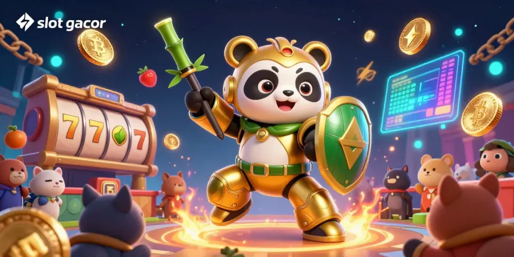 Permainan slot gacor dengan panda emas mengendalikan robot tempur di pusat arena kasino.