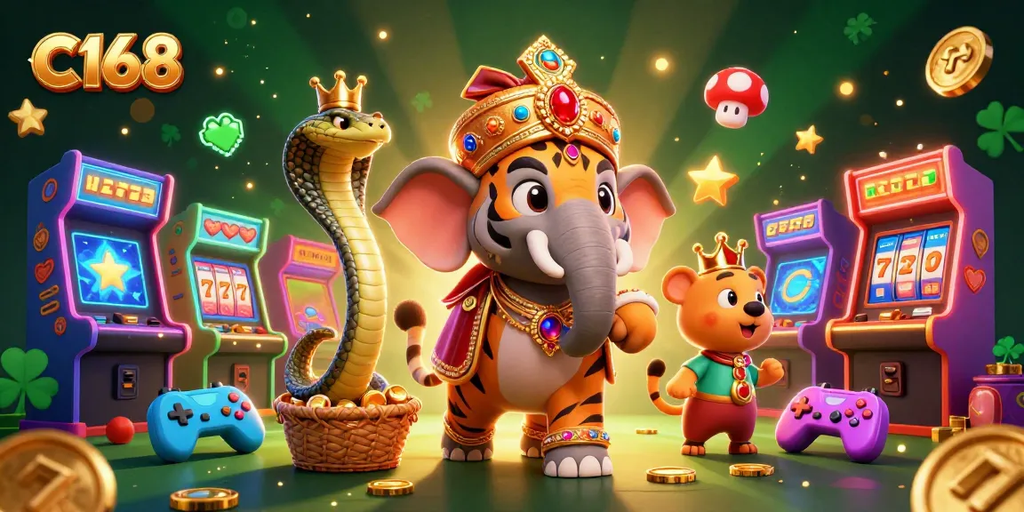 C168 showcases a vibrant casino atmosphere with a maharaja tiger and a jewel-encrusted elephant amidst exciting gaming elements.