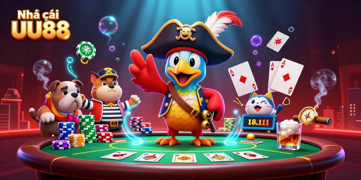 Experience the excitement at Nhà cái UU88 with vibrant poker and casino elements in a rich 3D illustration.