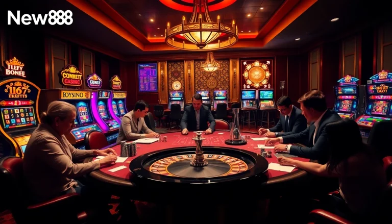Players enjoying a thrilling poker game at New88 casino with vibrant slot machines in the background.
