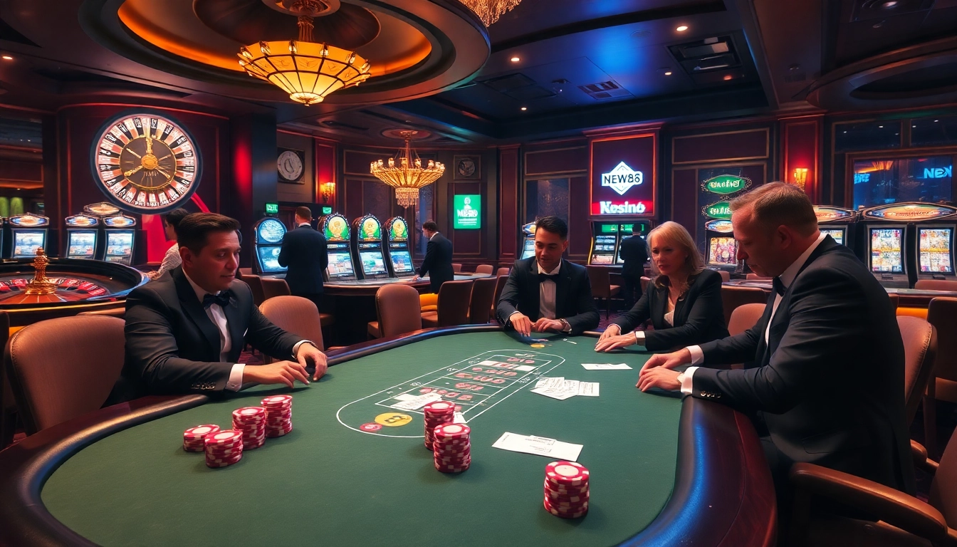New88 poker players enjoying a thrilling casino experience at a luxurious table.