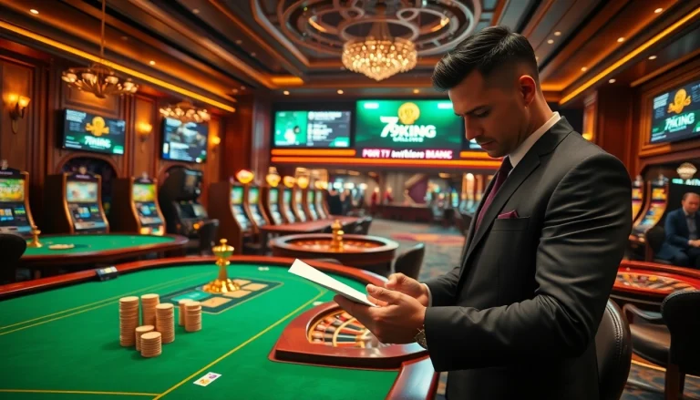 79king luxury casino scene: professional gambler analyzing odds at a grand table