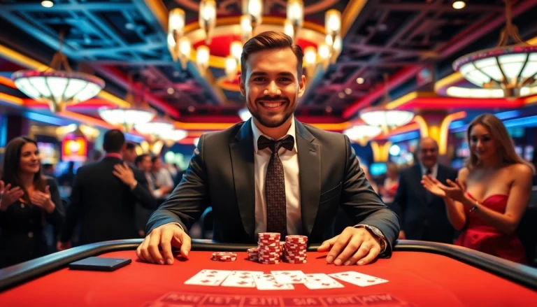 Engaging blackjack casino scene with a professional dealer, players, and vibrant atmosphere.