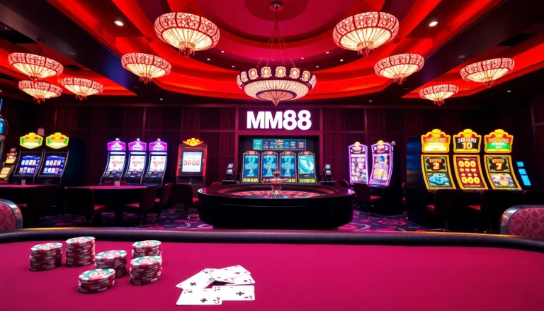 MM88 online gaming action with luxurious casino tables and vibrant slots creating excitement.