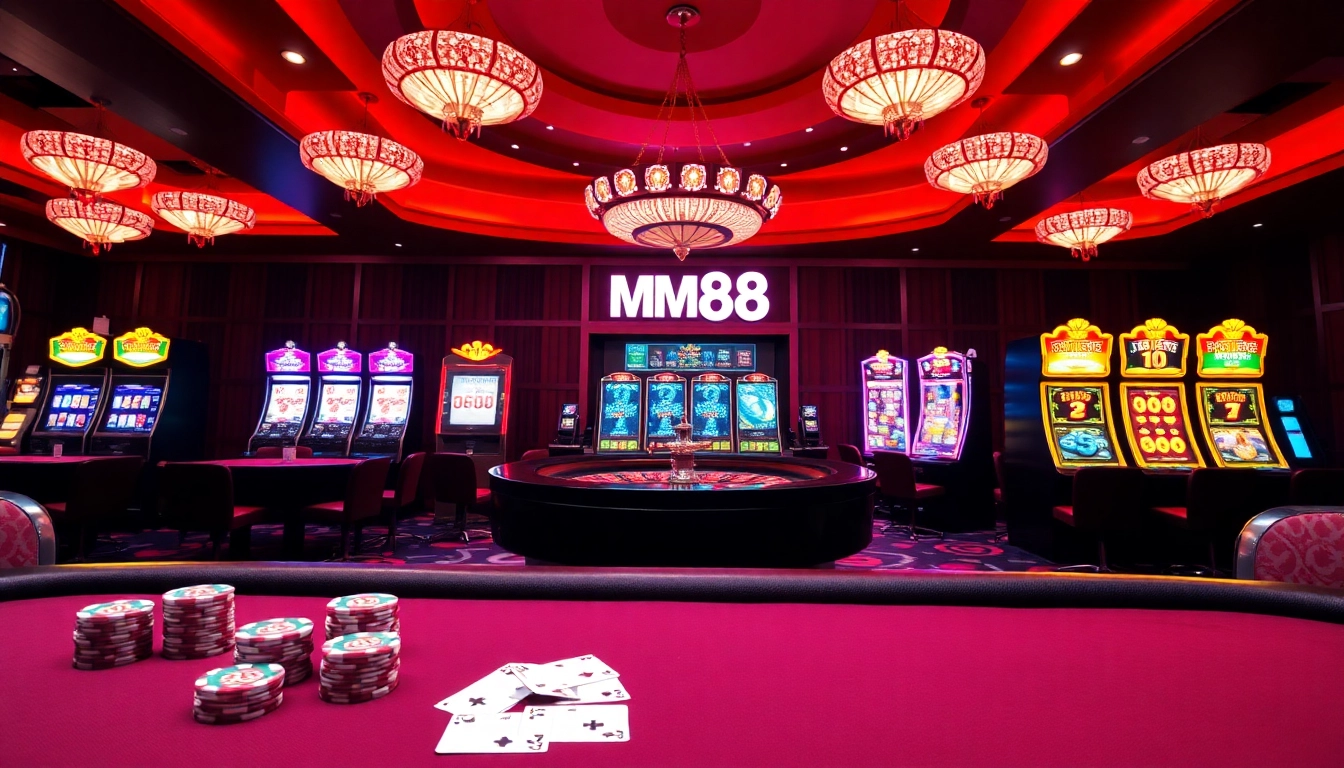 MM88 online gaming action with luxurious casino tables and vibrant slots creating excitement.