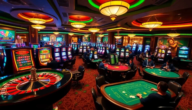 Players engaged in exciting casino games at 32win with vibrant tables and colorful slot machines.