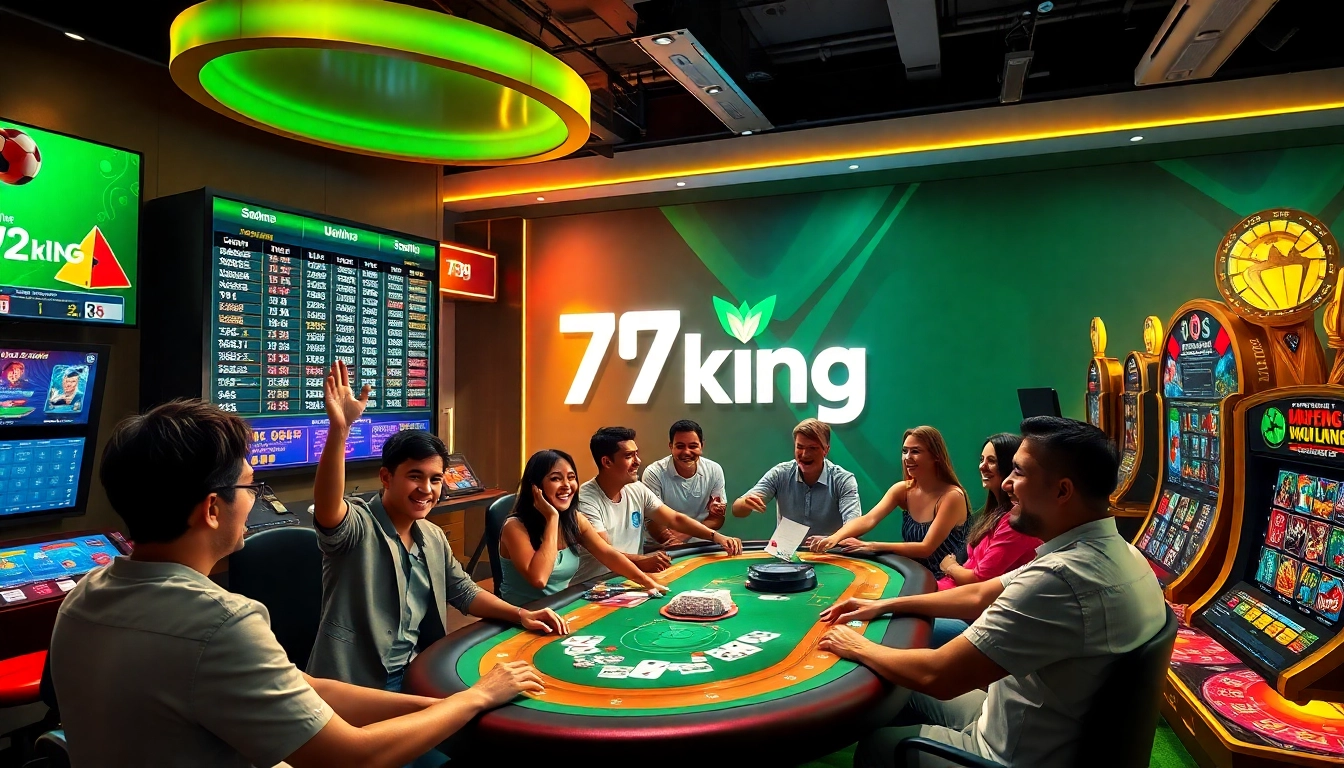 Dynamische Glücksspiel-Szene mit dem Branding von 79king, begeisterte Spieler an Casinotischen und Spielgeräten.