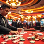 Exciting Casino atmosphere with a croupier dealing cards and vibrant gaming elements.