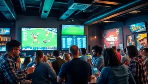 Engaged patrons experiencing Sports Betting excitement in a lively sports bar setting.