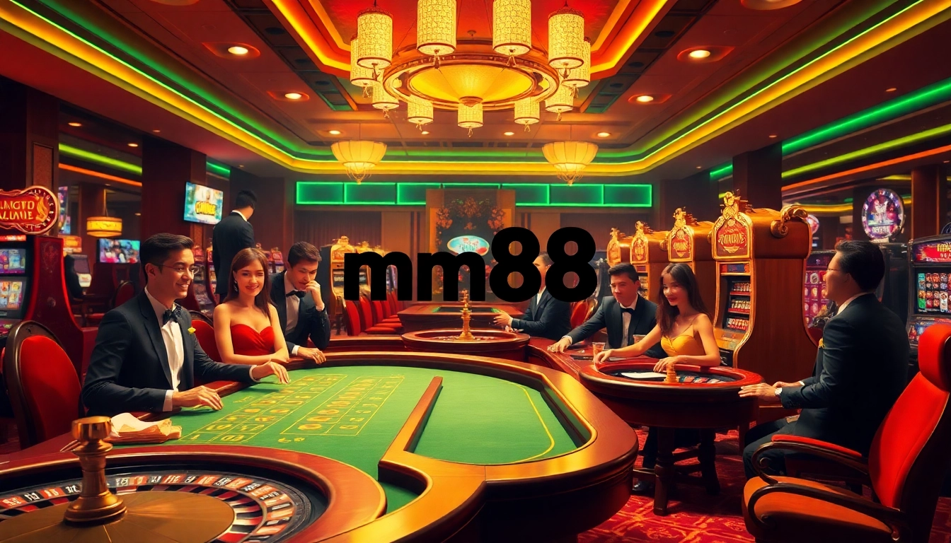 Exciting game action at mm88 casino with vibrant tables, players, and slot machines.