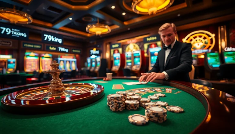 79king-powered casino table action with chips, cards, and roulette for high-stakes betting.