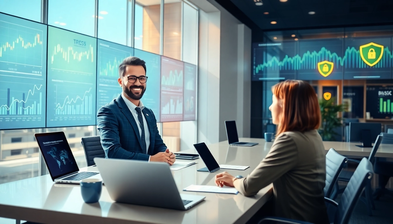 Conseiller financier moderne discutant d’assurance vie au Royaume-Uni avec un client, visuels de données numériques, 2025