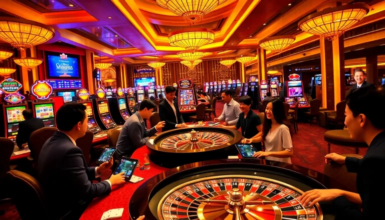 Experience the thrill of mm88 with players enjoying casino games and vibrant slot machines.