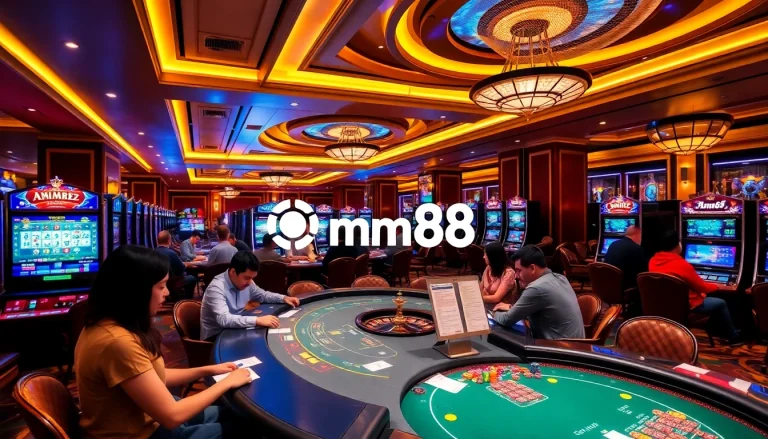 Engage in thrilling gameplay at mm88's vibrant casino scene featuring poker and slot games.