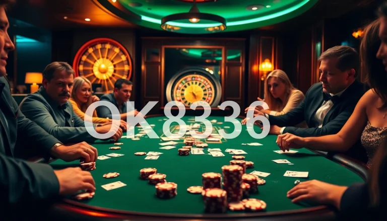 Excited players in a luxurious poker scene showcasing OK8386-themed casino elements.