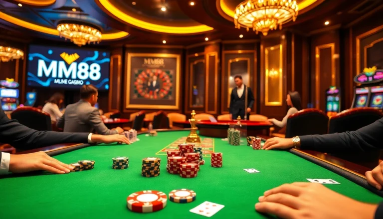 Experience thrilling poker action at MM88 with vibrant chips and an elegant casino atmosphere.