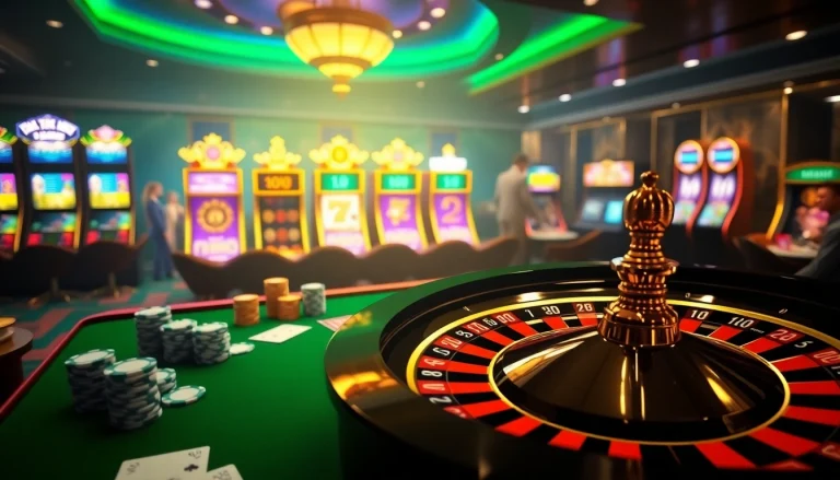 THABET online casino gaming table with poker chips and vibrant slot machines.