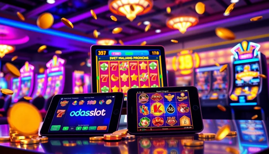 Exciting doaslot online gaming scene with vibrant slot machine graphics and modern devices.