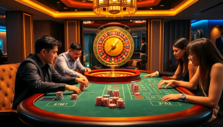 Engage in the thrilling atmosphere of 622BET with a vibrant casino scene showcasing roulette and blackjack.