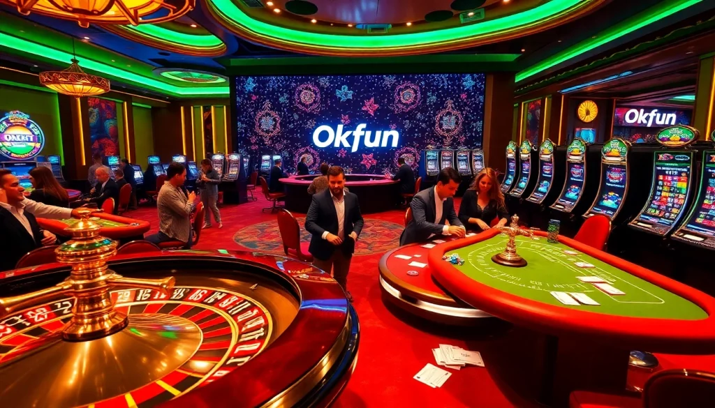 Players enjoying a thrilling casino experience at Okfun with roulette and poker tables.