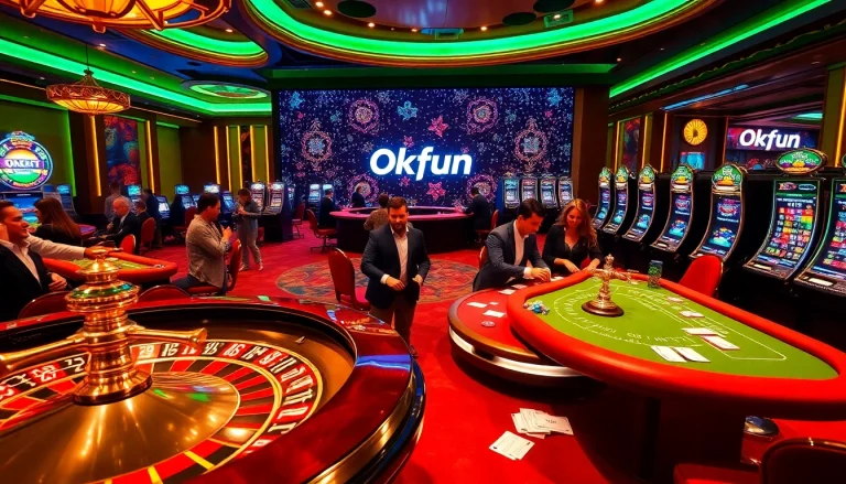 Players enjoying a thrilling casino experience at Okfun with roulette and poker tables.