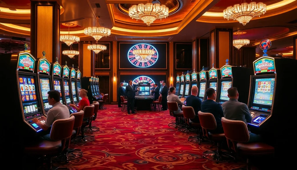 Players enjoy engaging slot games at a vibrant 슬롯사이트 in an upscale casino setting.