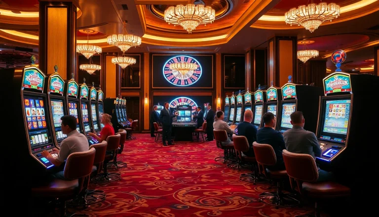 Players enjoy engaging slot games at a vibrant 슬롯사이트 in an upscale casino setting.