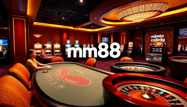 Engaging players at mm88 poker table with vibrant slot machines in a luxurious casino setting.