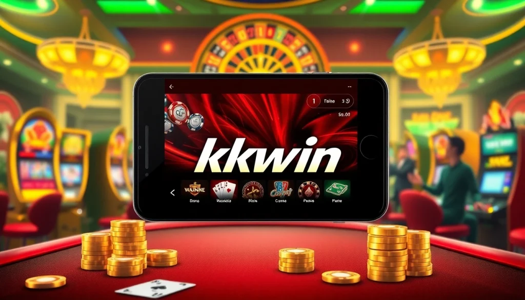 Tải app kkwin showcased on a mobile device at a vibrant casino with poker and slot machines.