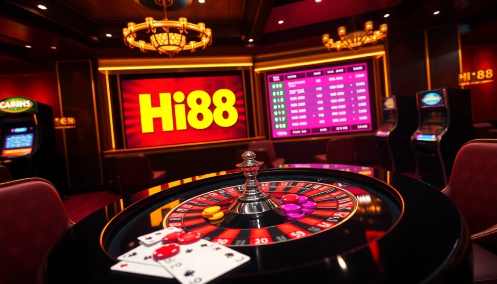 Exciting online gambling scene featuring Hi88 with vibrant roulette table and poker cards.