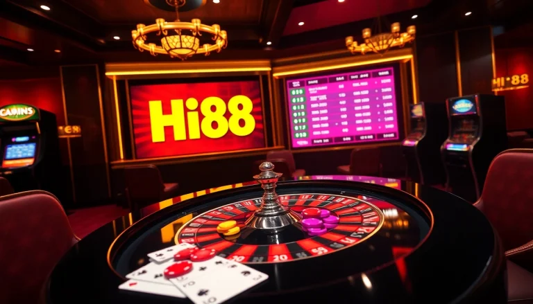 Exciting online gambling scene featuring Hi88 with vibrant roulette table and poker cards.