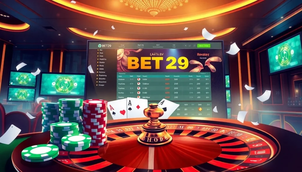 Engage with the thrilling atmosphere of BET29 online casino, showcasing poker chips and a roulette wheel.