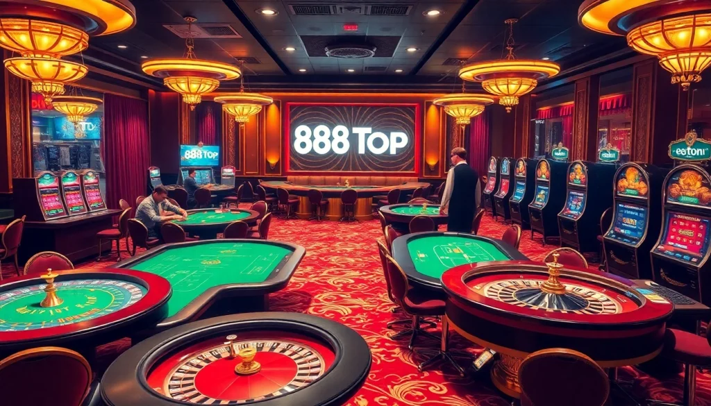 Players enjoying a thrilling casino experience at 888TOP, showcasing vibrant games and luxurious ambiance.