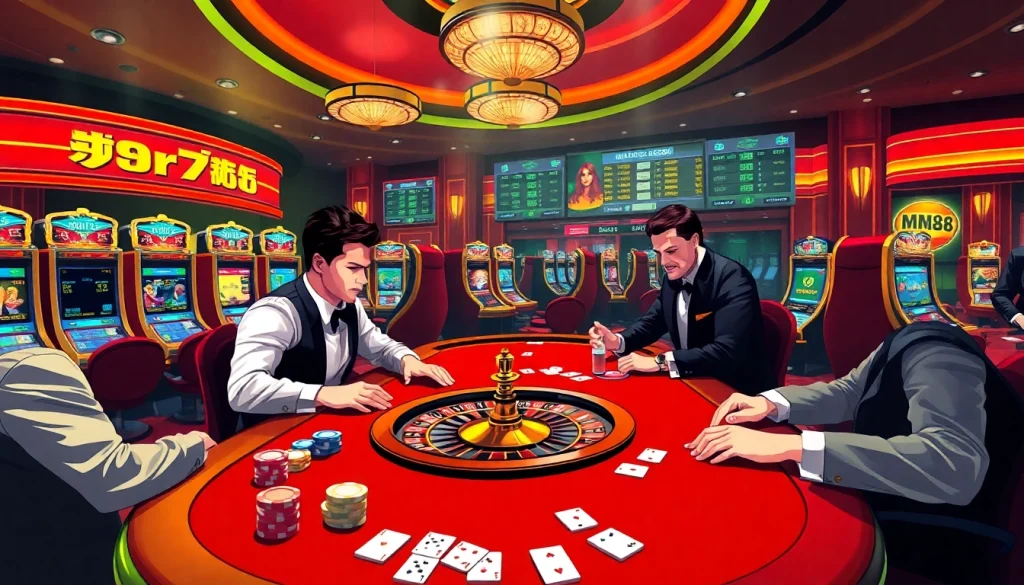 Engaging casino scene at MM88 COM with poker players, chips, and roulette wheel.