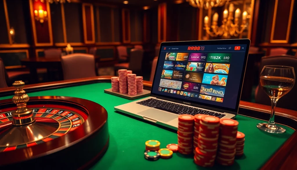 Experience high-stakes action at RR88 with engaging casino tables and vibrant gambling elements.