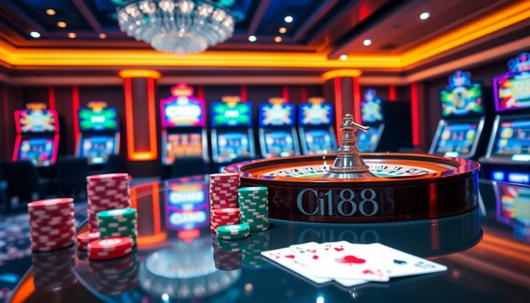 C168 online casino scene showcasing luxury with roulette and poker elements.