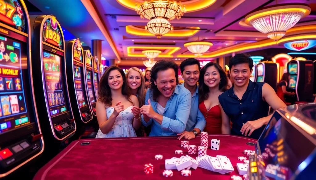 Players enjoying the immersive i828 slot experience in a vibrant casino environment.