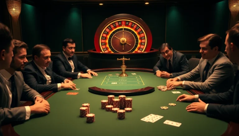 Exciting poker action at 5Z7779 casino table with vibrant chips and luxurious ambiance.