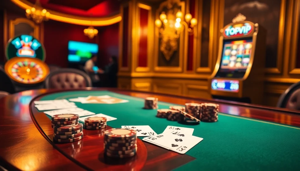 TOPVIP players winning at a luxurious poker table surrounded by excitement.