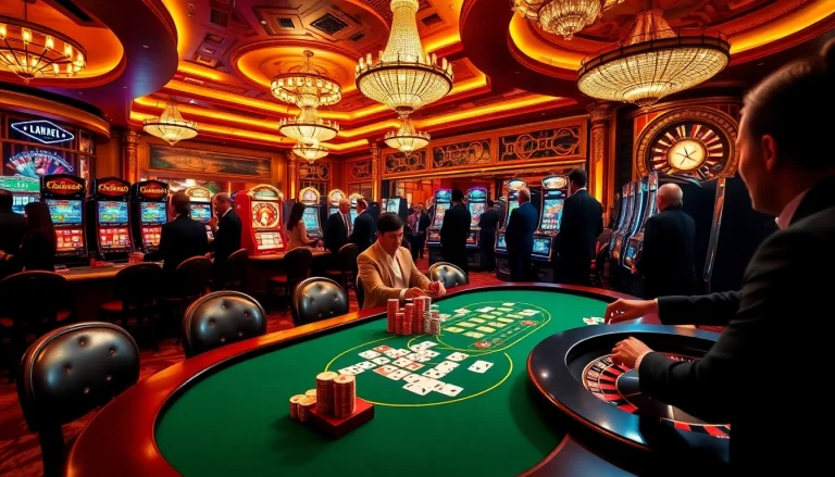 Experience excitement at KJC TRUMPSHOP with vibrant gaming tables, poker chips, and spinning roulette wheels.