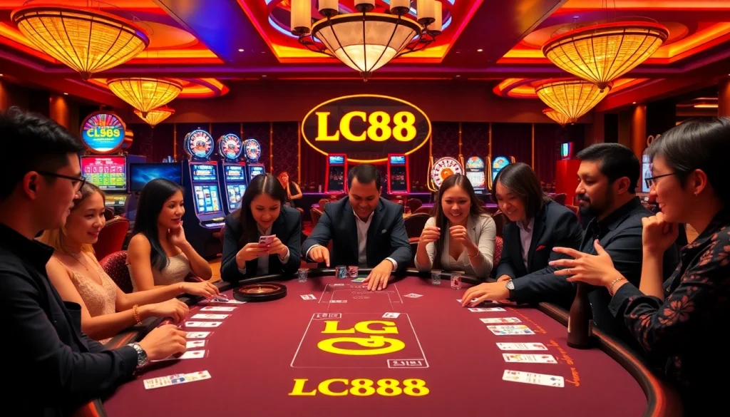 Playing exciting card games at https://lc88.supply/ casino table surrounded by vibrant atmosphere.