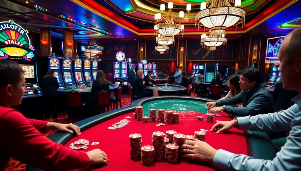 Exciting casino gameplay at new88 com with vibrant poker chips and slot machines lighting up the scene.