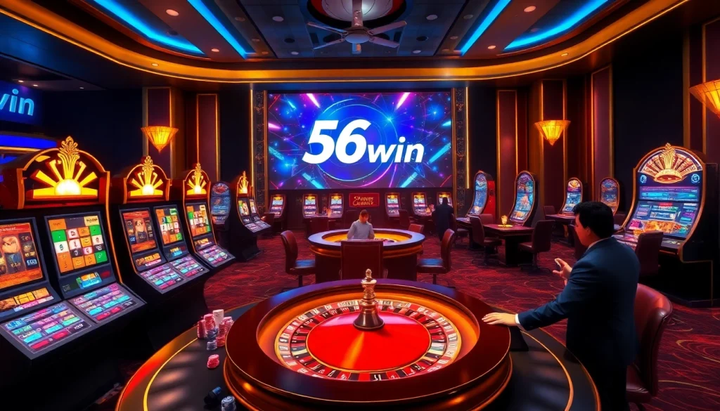Witness the excitement of online gambling at 56win with vibrant tables, chips, and digital slots.