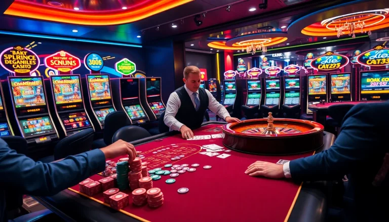 Experience the thrill of gaming with Soibet's vibrant casino scene full of poker chips and slot machines.
